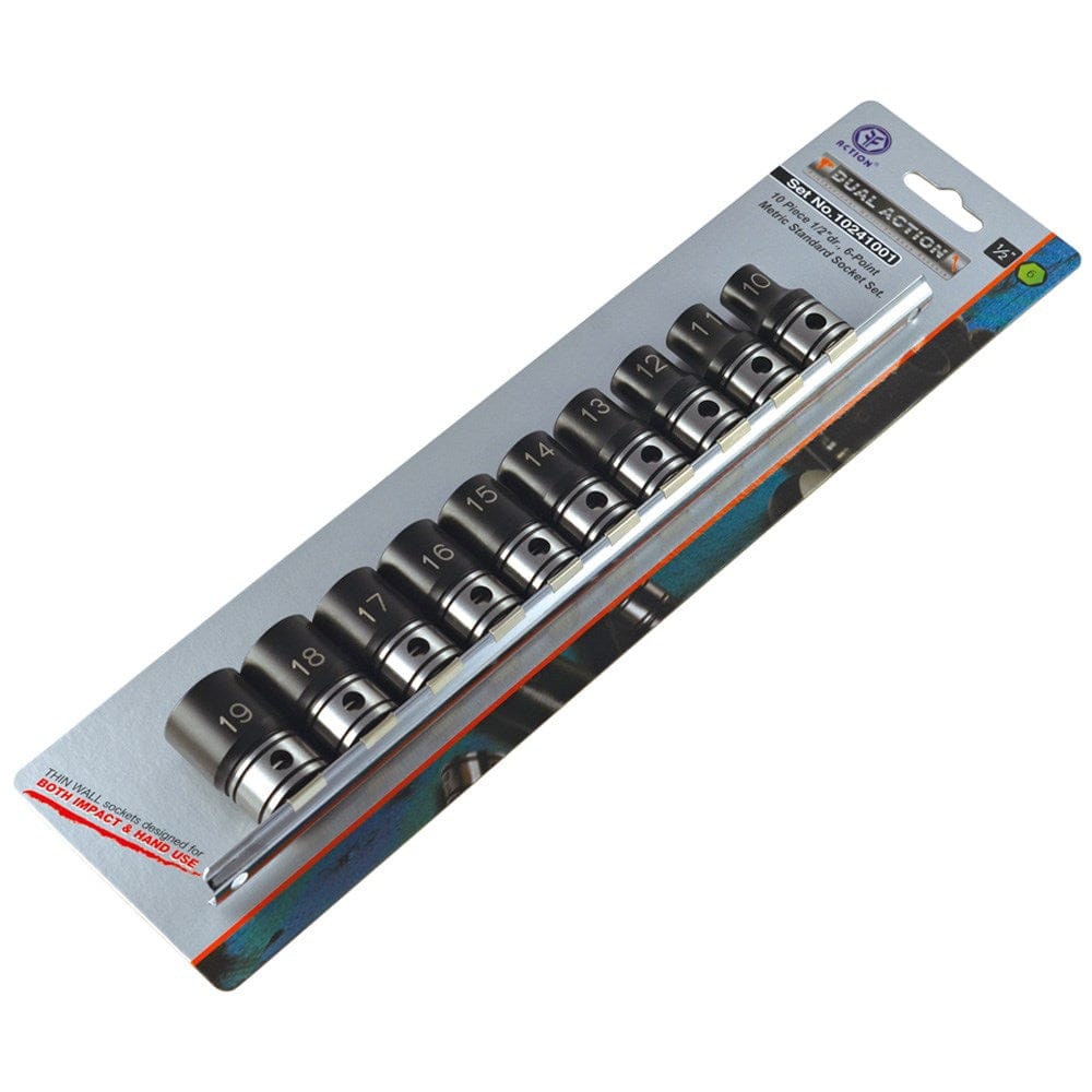 Action 10Pce 10-24mm 1/2" Drive 6 Point Metric Standard Socket Set 10241002