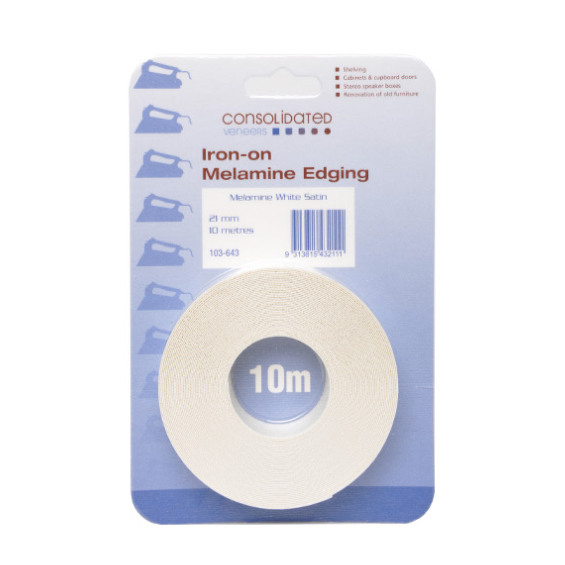 10m x 21mm x 0.4mm Pre-Glued White Satin (Iron-on) (Hang Sell Pack) Melamine Edging