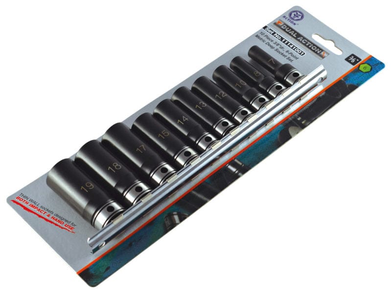 Action 10Pce 7-19mm 3/8" Drive 6 Point Metric Deep Socket Set 11141001