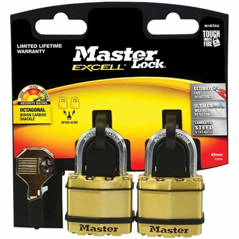 Master Lock 45mm Excell Brass Covered Laminated Steel Padlock With 25mm Shackle M1BTAU | 2 Pack