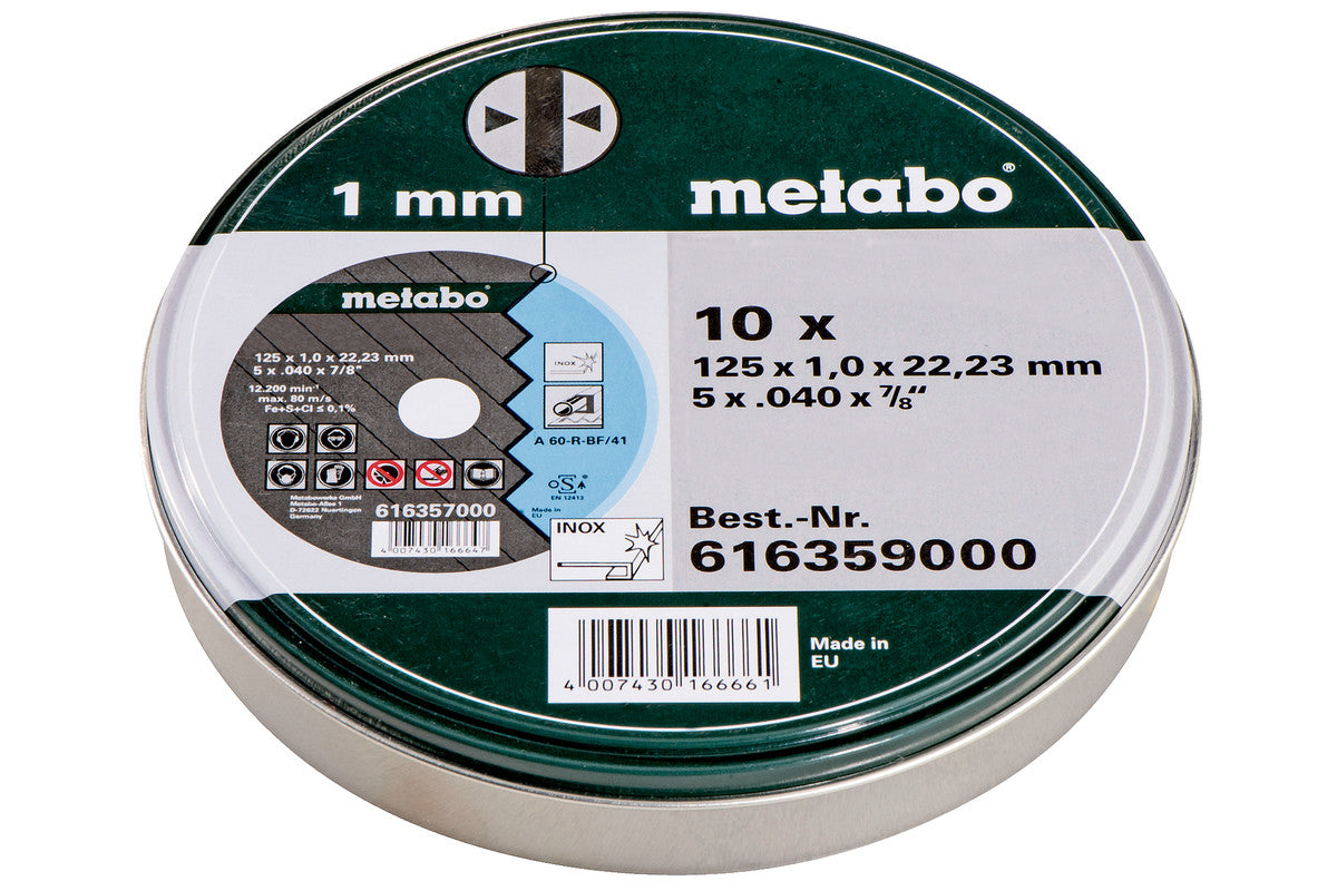 Metabo 10Pce 125 x 1.0x 22.23 Inox TF 41 Cutting Discs 616359000