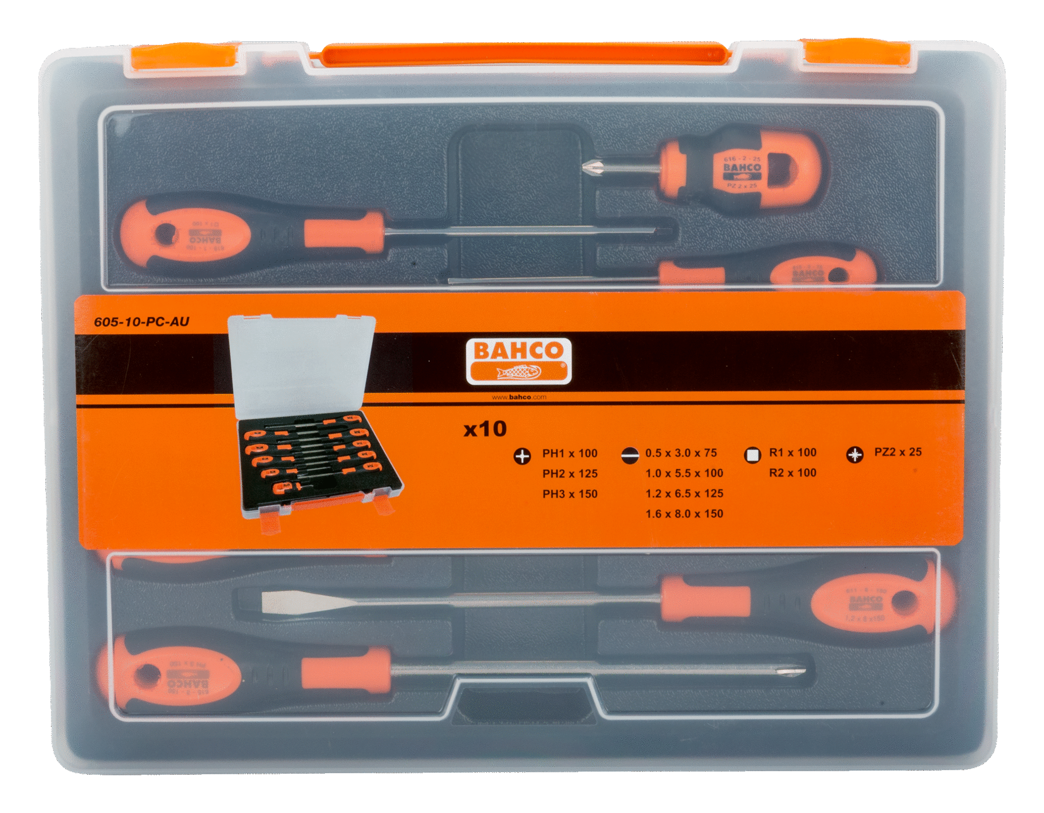 Slotted/Phillips/Robertson Screwdriver Set with Rubber Grip 10 Pcs - 605-10-PC-AU by Bahco