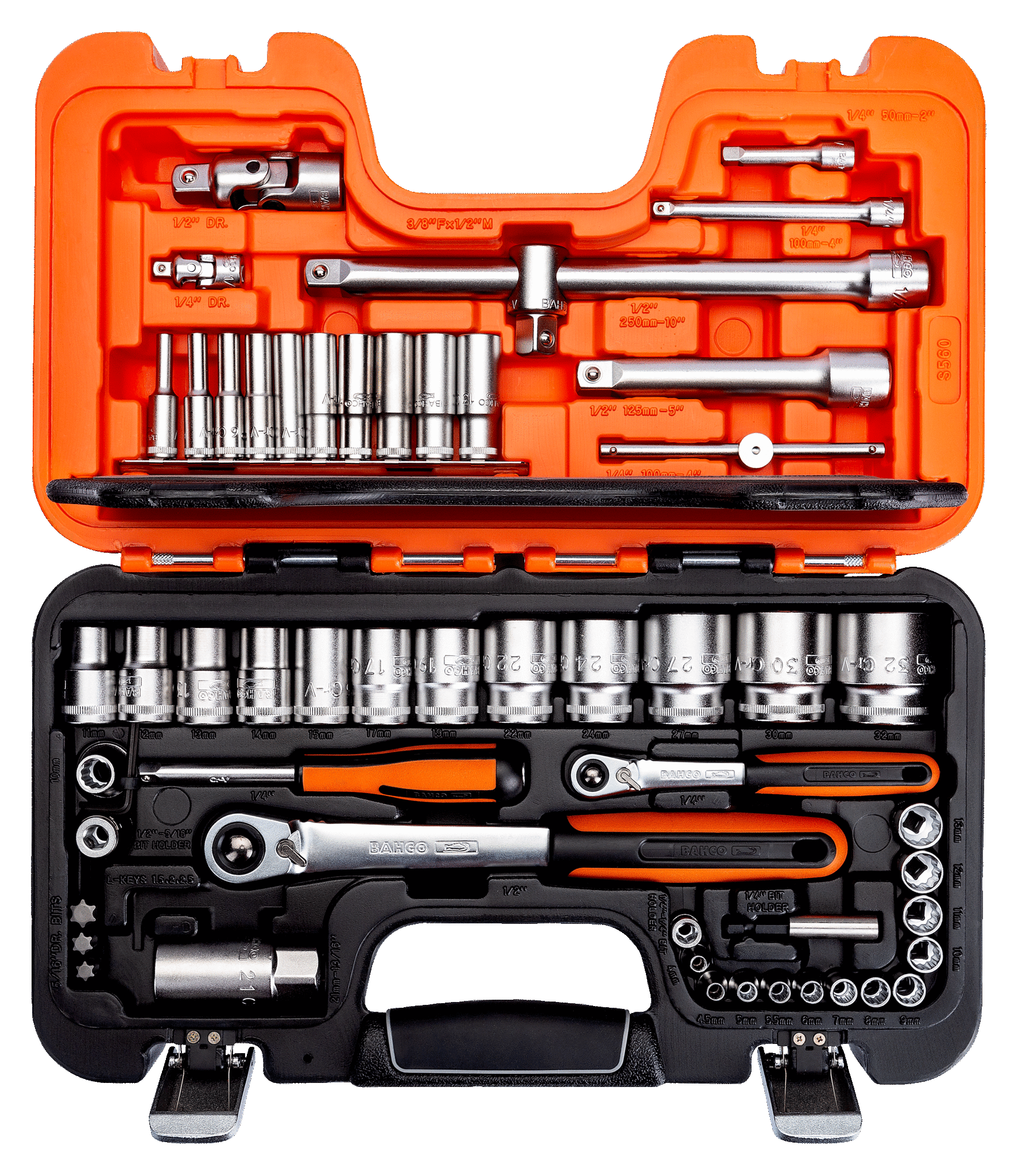 1/4" and 1/2" Square Drive Socket Set with Metric Bi-Hex Profile and Slim Head Ratchet - S560 by Bahco