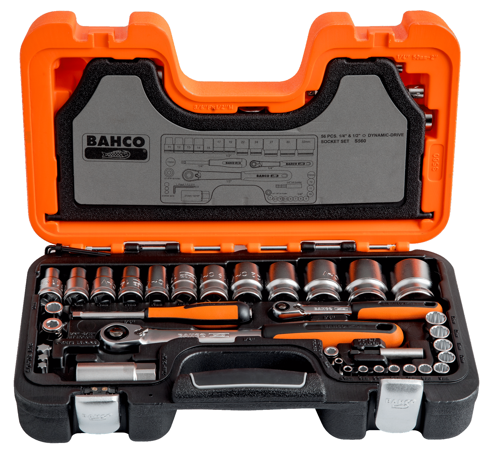 1/4" and 1/2" Square Drive Socket Set with Metric Bi-Hex Profile and Slim Head Ratchet - S560 by Bahco