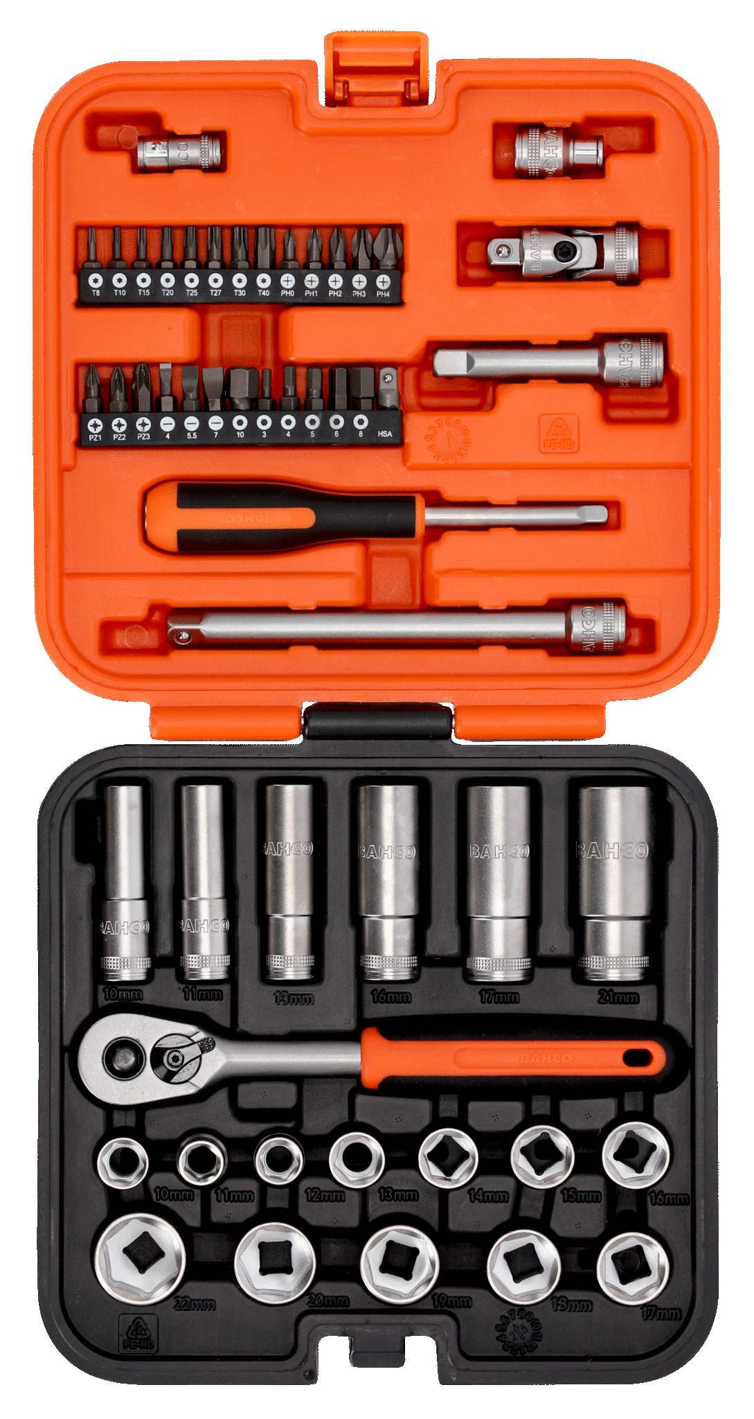 Bahco 51Pce 3/8" Square Drive Standard and Deep Socket Set with Metric Hex Profile and 1/4" Bits S51MC3H