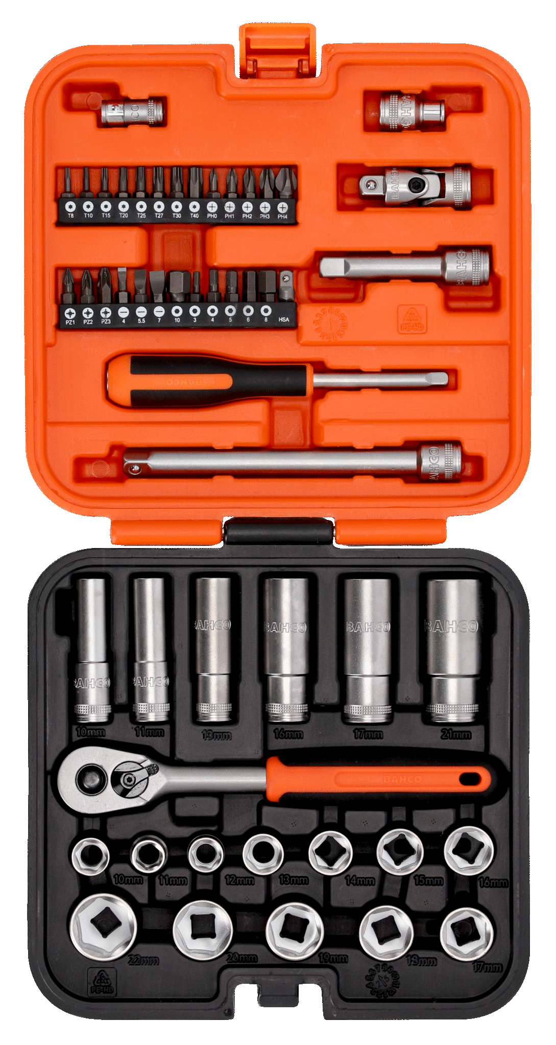 Bahco 51Pce 3/8" Square Drive Standard and Deep Socket Set with Metric Hex Profile and 1/4" Bits S51MC3H