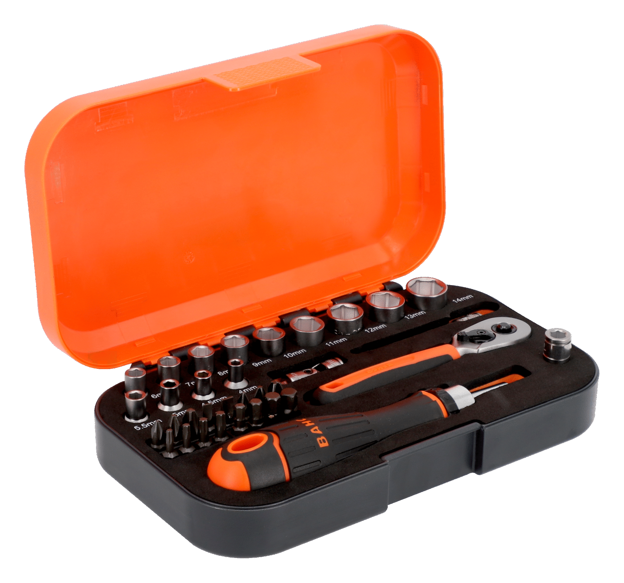 Bahco 34Pce 1/4" Square Drive Socket and Bit Set with Metric Hex Profile and Ratcheting Bit Holder S34MC8H