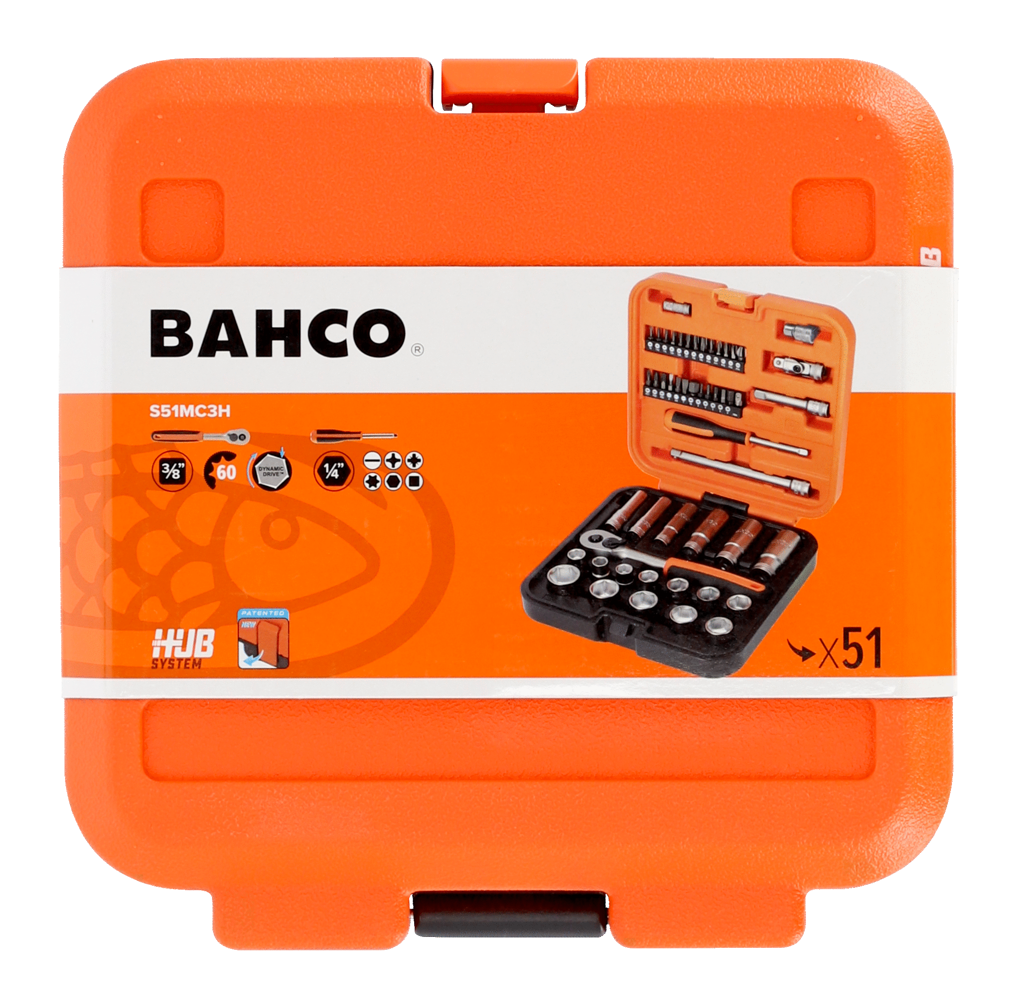 Bahco 51Pce 3/8" Square Drive Standard and Deep Socket Set with Metric Hex Profile and 1/4" Bits S51MC3H