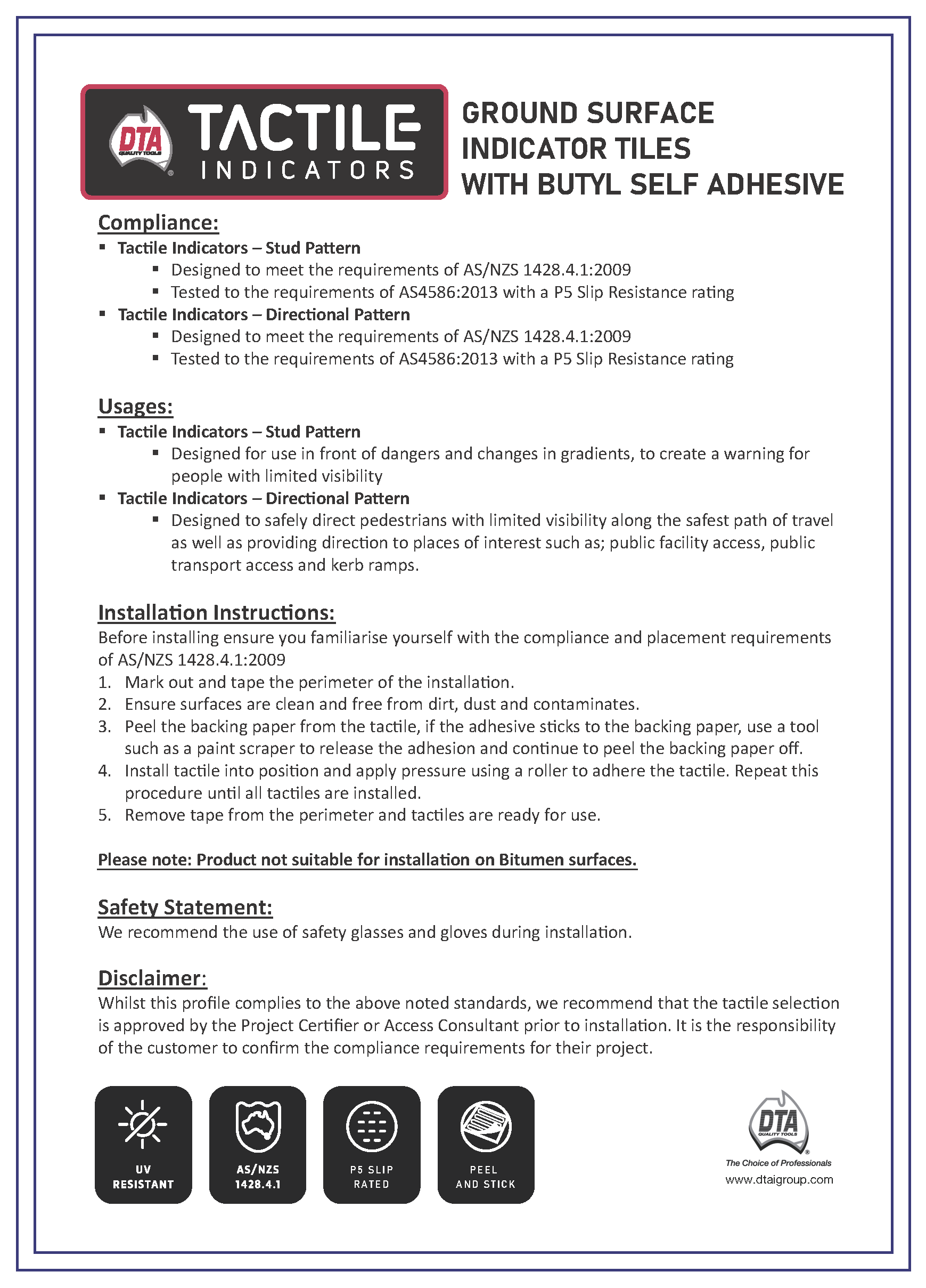 DTA Directional Tactiles 300mm x 300mm Self Adhesive with Butyl TDB300 | 3 Pack