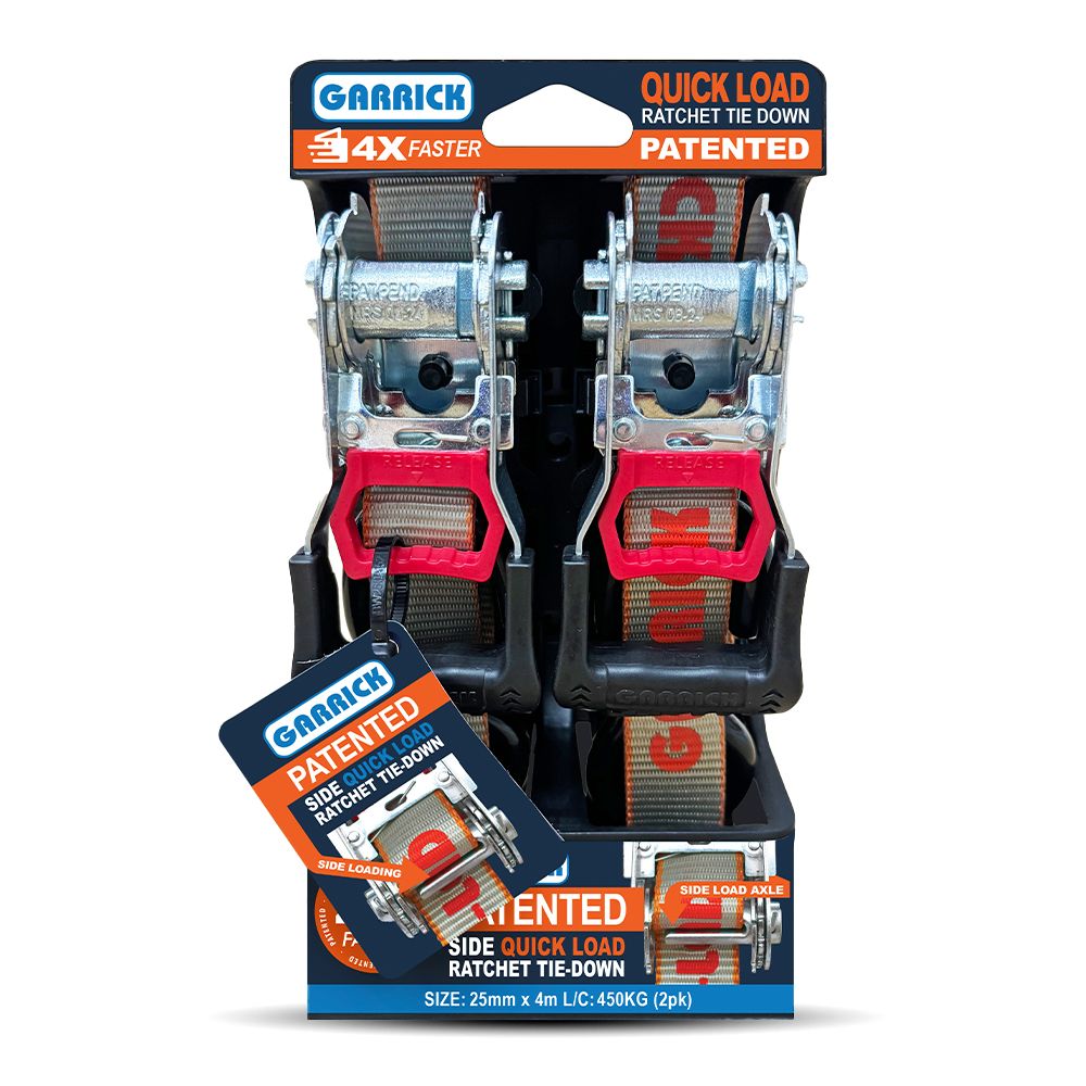 Garrick 25mm x 4m x 450kg 2Pce Quick Load Ratchet Tie Down GQLRTD-25MM
