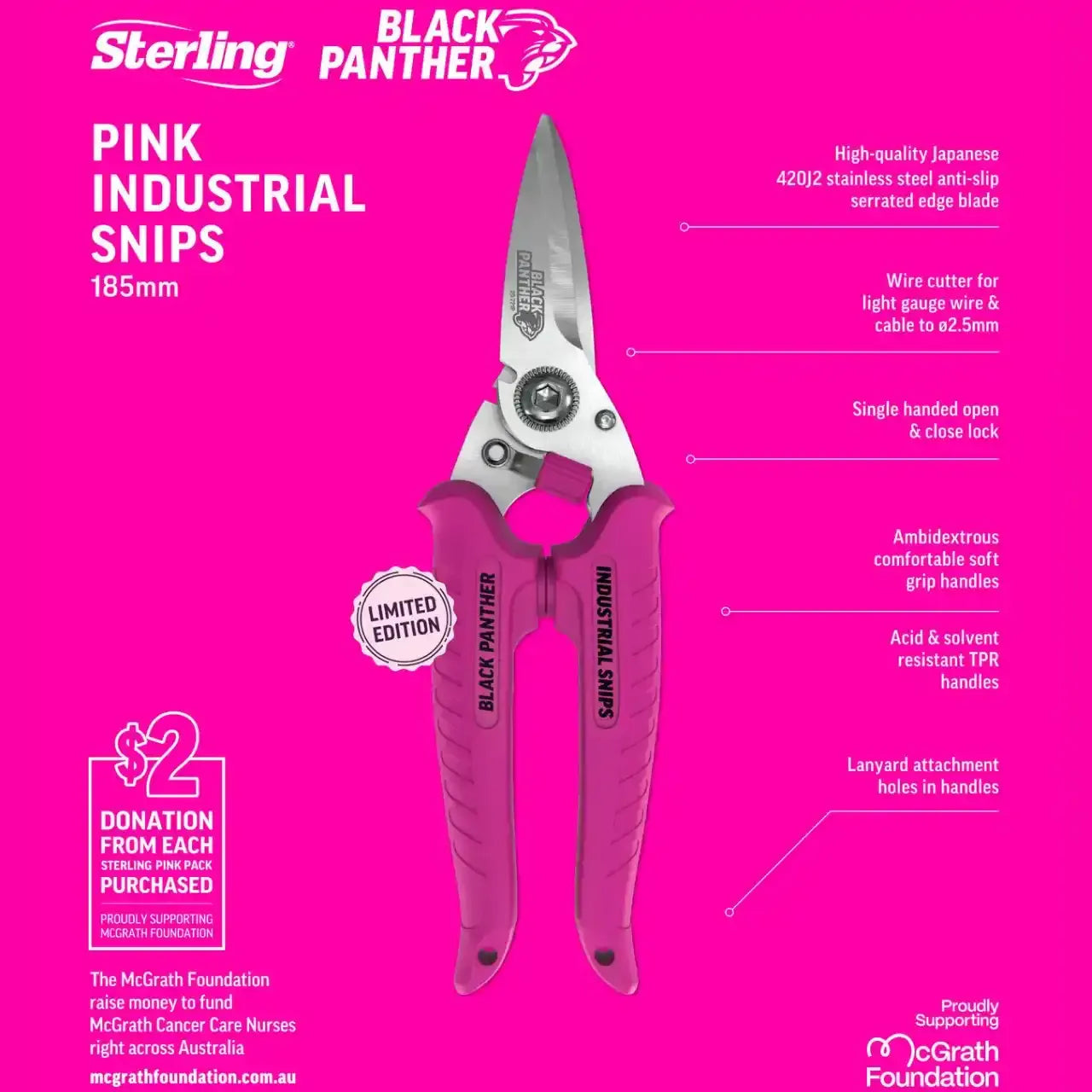 Sterling 185mm Pink Stainless Steel Black Panther Industrial Snips 29-721P | Limited Edition