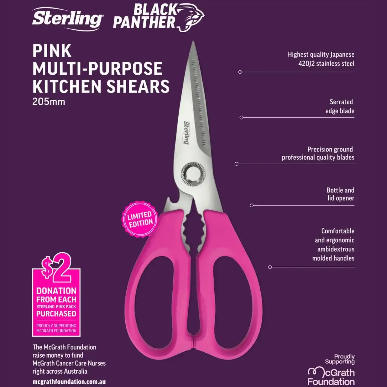 Sterling 205mm Pink Multi-Purpose Black Panther Kitchen Scissors 29-802P | Limited Edition