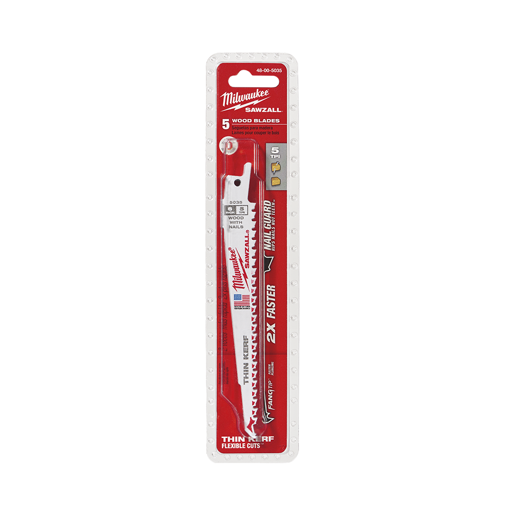 Milwaukee SAWZALL™ Thin Kerf Wood 150mm 6" 5TPI Blade 48005035 | 5 Pack