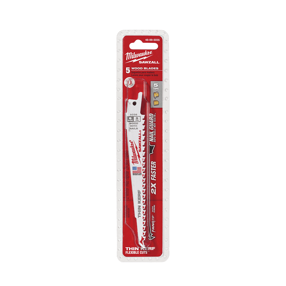 Milwaukee SAWZALL™ Thin Kerf Wood 150mm 6" 5TPI Blade 48005035 | 5 Pack