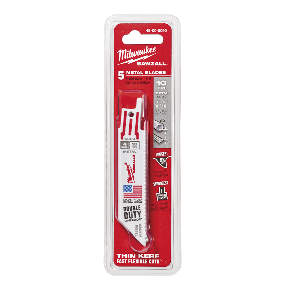 Milwaukee SAWZALL™ Thin Kerf Metal 100mm 3-15/16" 10TPI Blade 48005090 | 5 Pack