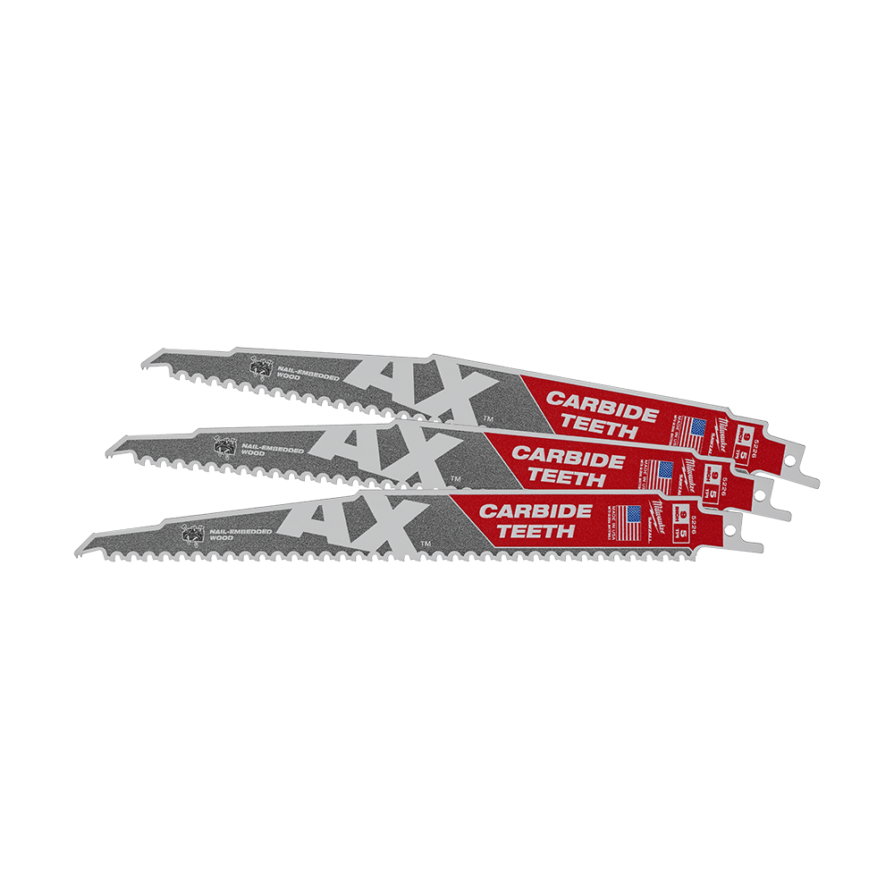 Milwaukee SAWZALL™ The AX™ with Carbide Teeth 230mm 9" 5TPI Blade 48005326 | 3 Pack