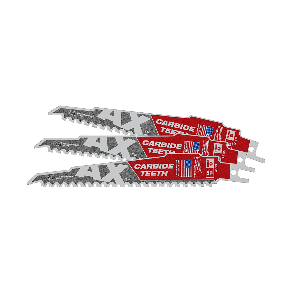 Milwaukee SAWZALL™ The AX™ with Carbide Teeth 150mm 6" 5TPI Blade 48005321 | 3 Pack