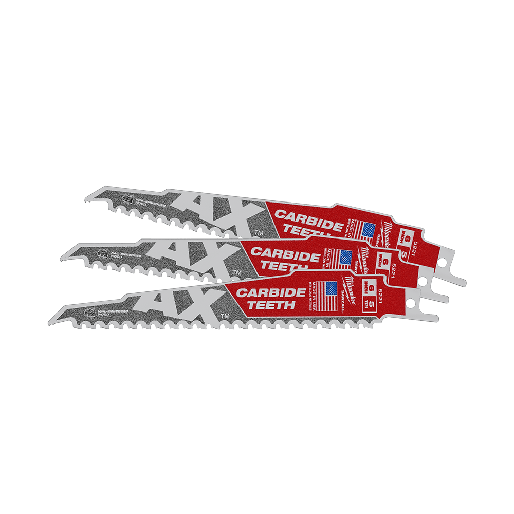 Milwaukee SAWZALL™ The AX™ with Carbide Teeth 150mm 6" 5TPI Blade 48005321 | 3 Pack