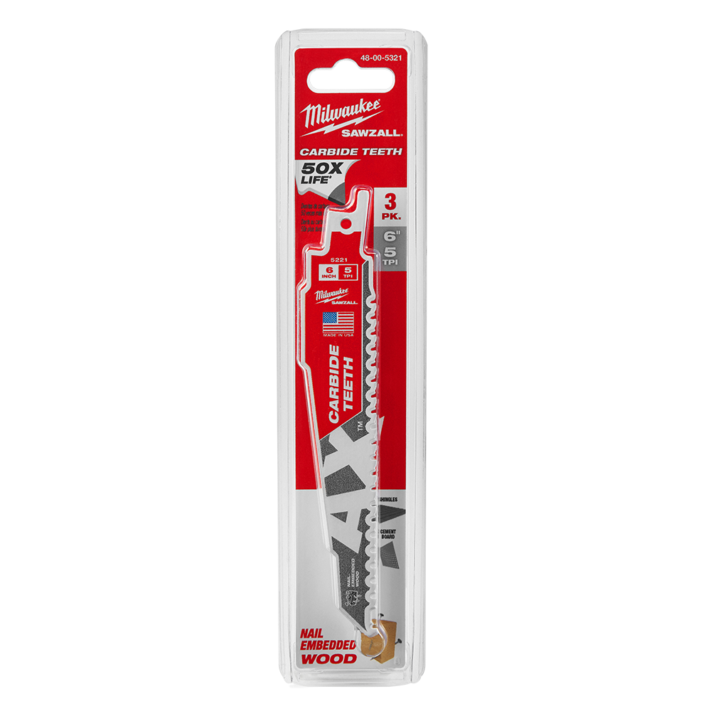 Milwaukee SAWZALL™ The AX™ with Carbide Teeth 150mm 6" 5TPI Blade 48005321 | 3 Pack