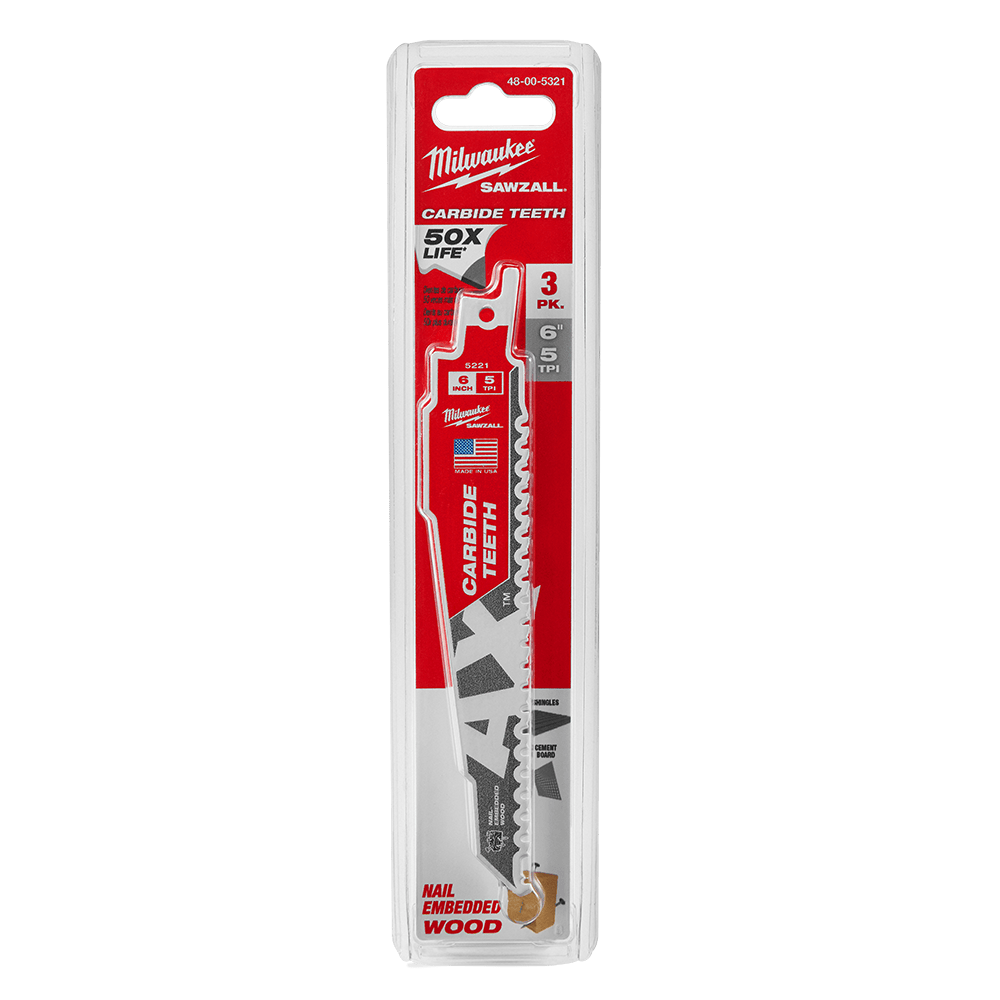 Milwaukee SAWZALL™ The AX™ with Carbide Teeth 150mm 6" 5TPI Blade 48005321 | 3 Pack
