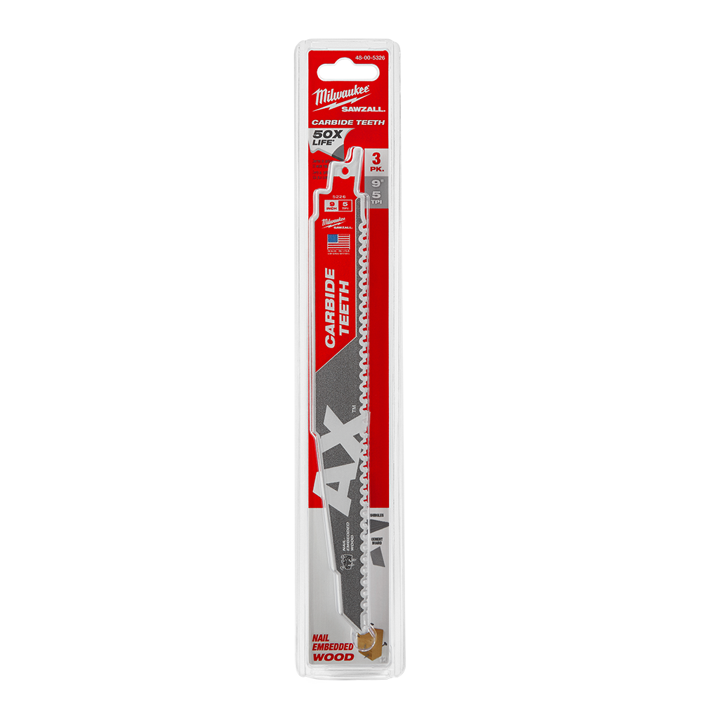 Milwaukee SAWZALL™ The AX™ with Carbide Teeth 230mm 9" 5TPI Blade 48005326 | 3 Pack