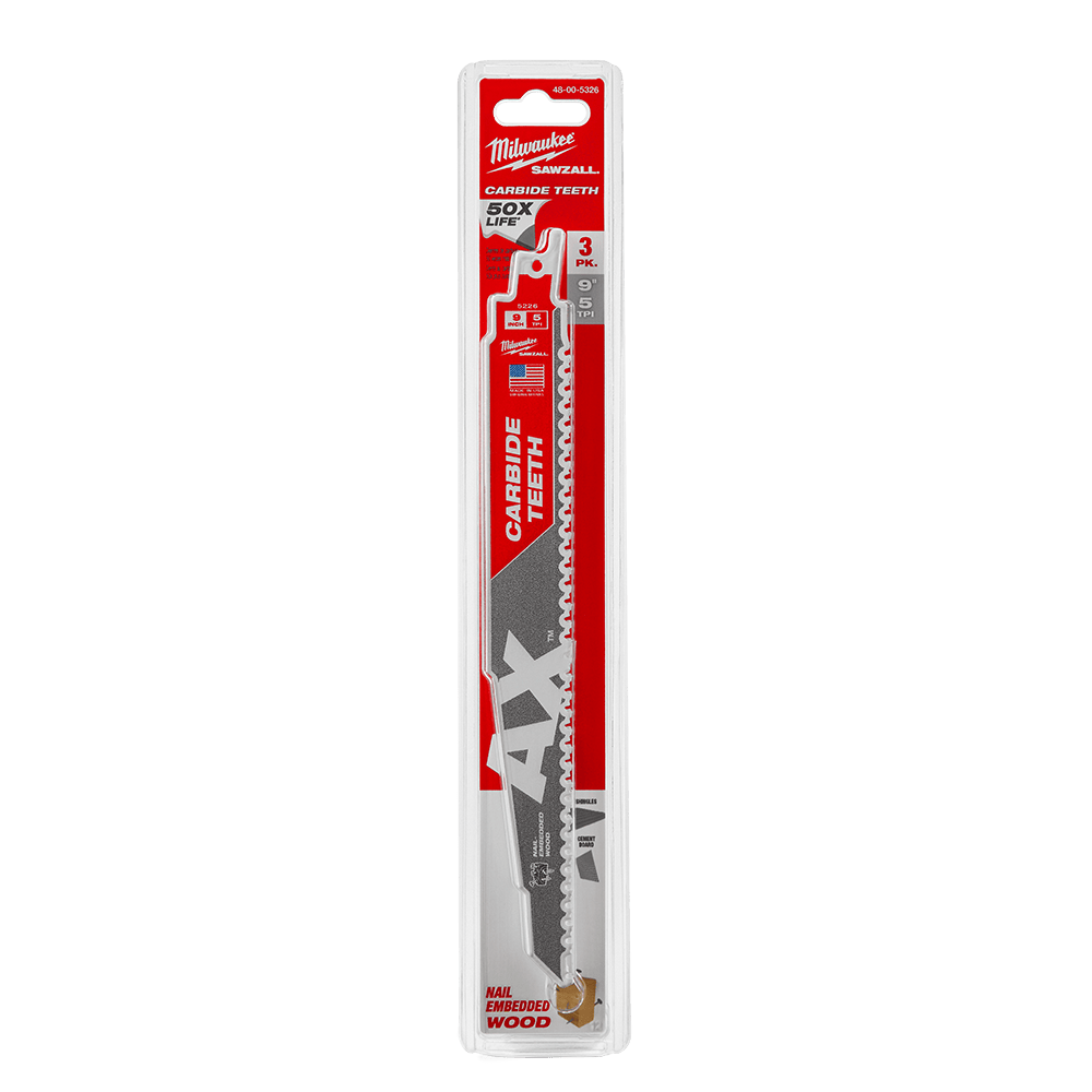 Milwaukee SAWZALL™ The AX™ with Carbide Teeth 230mm 9" 5TPI Blade 48005326 | 3 Pack