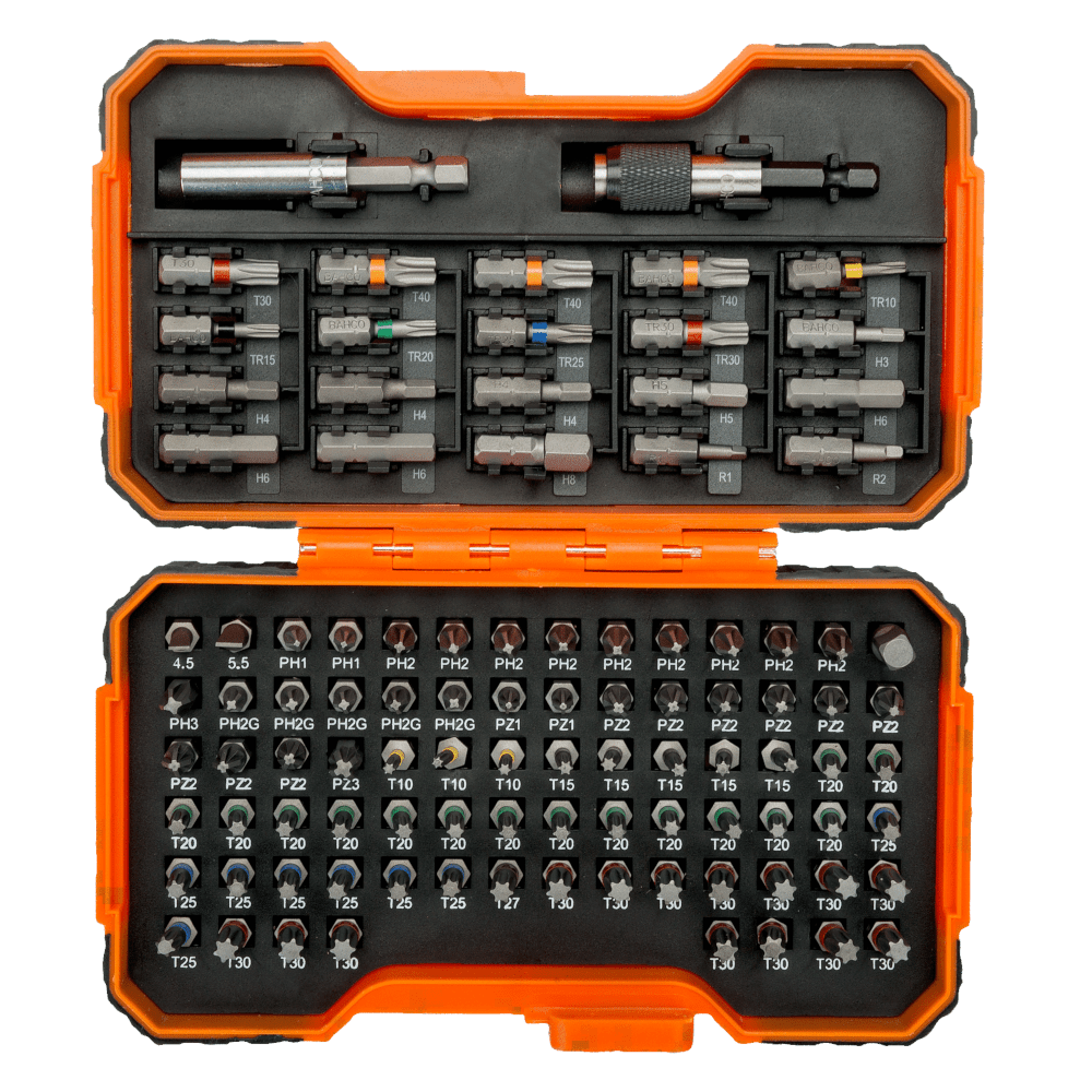 100Pce 1/4" Bit Set for Slotted/Phillips/Pozidriv/Hex/ TORXĀ®/TORXĀ® Tamper/Robertson Screw 59/S100BC by Bahco