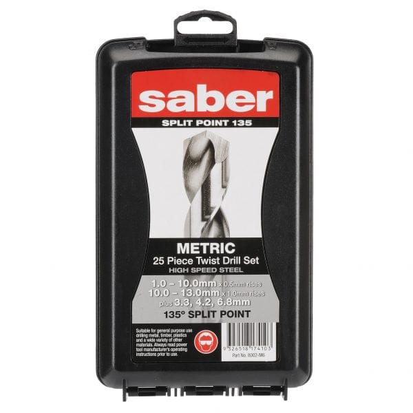 25Pce Metric 1-13mm HSS Bright Twist 135 Degree Split Point Drill Set in Plastic Case 8002-M6 by Saber