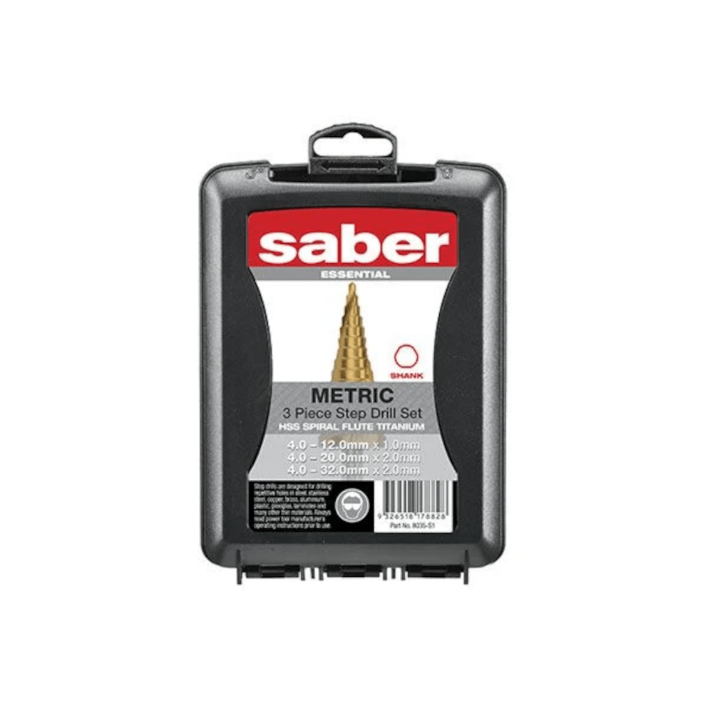 3Pce Metric HSS TiN Coated Spiral Flute Step Drill Set 8035-S1 by Saber