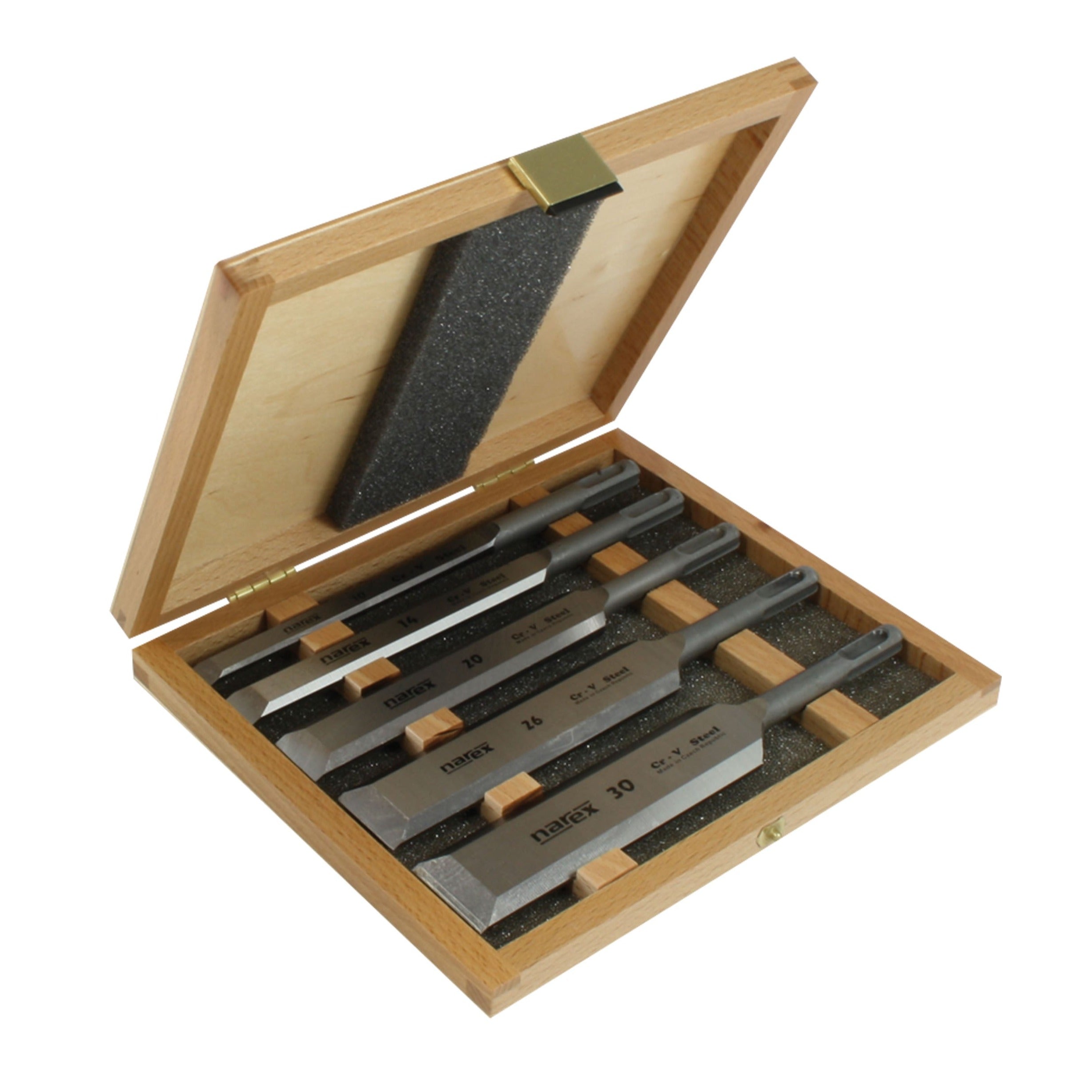 Set of Machine Chisels with Shank Mount 5pce (10mm / 14mm / 20mm / 26mm / 30mm) in Wooden Box 853901 by Narex