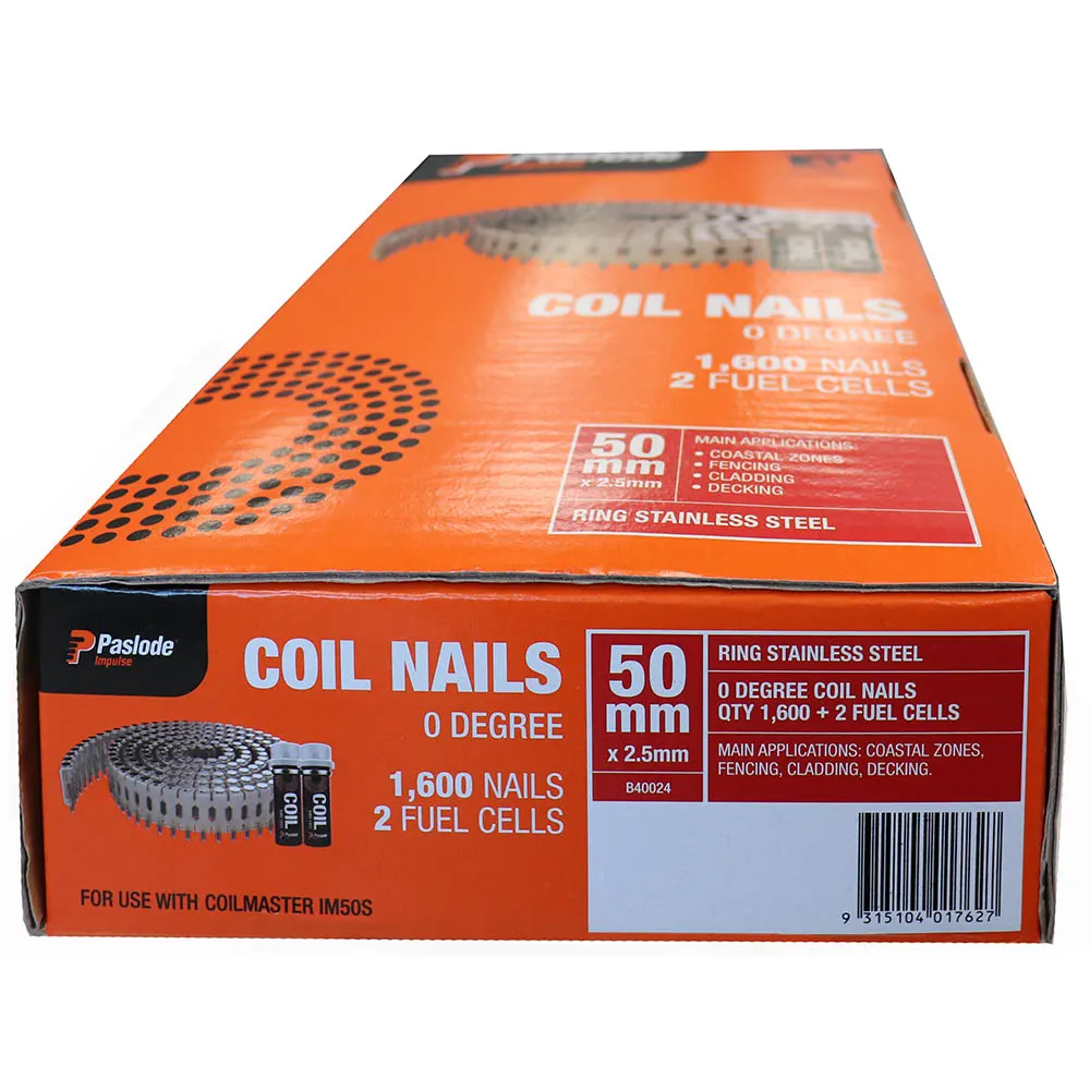 50mm x 2.5mm Coil Nails Stainless Steel (1600Pce + 2 Fuel Cells) B40024 by Paslode