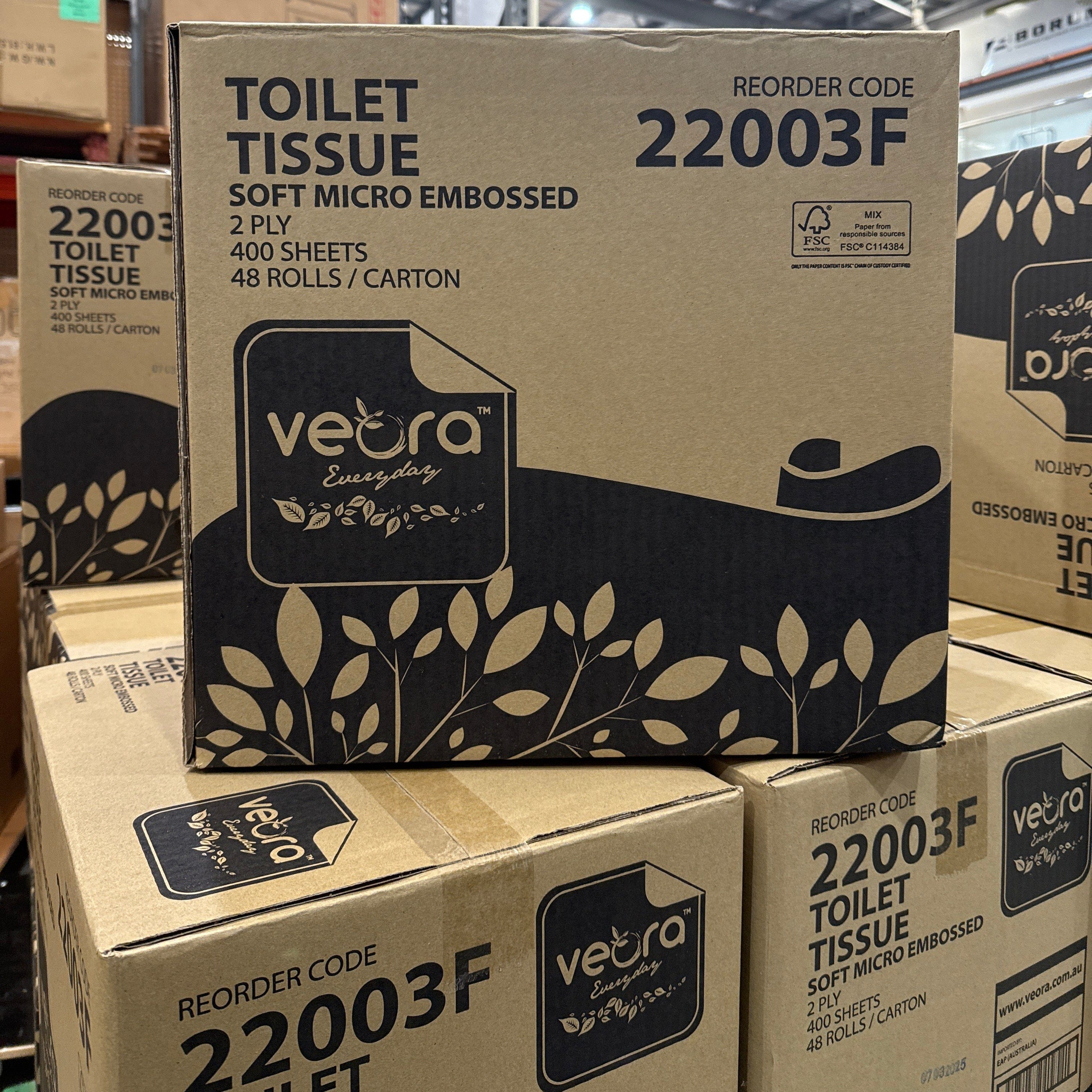Veora Box of 48 Rolls 400 Sheet 2 Ply Soft Micro Embossed Premium Individually Wrapped Toilet Paper (Plastic Free Packaging) | 48 Pack