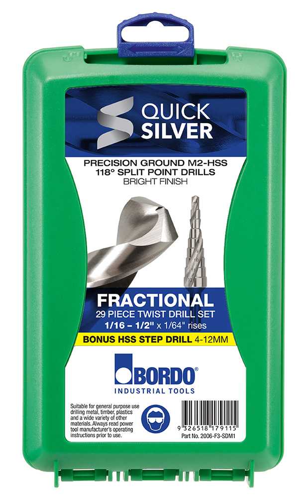 Bordo 1/16-1/2" 29 Piece Bright HSS Jobber Drill Set in ABS Plastic Case with BONUS Step Drill 2006-F3-SDM1