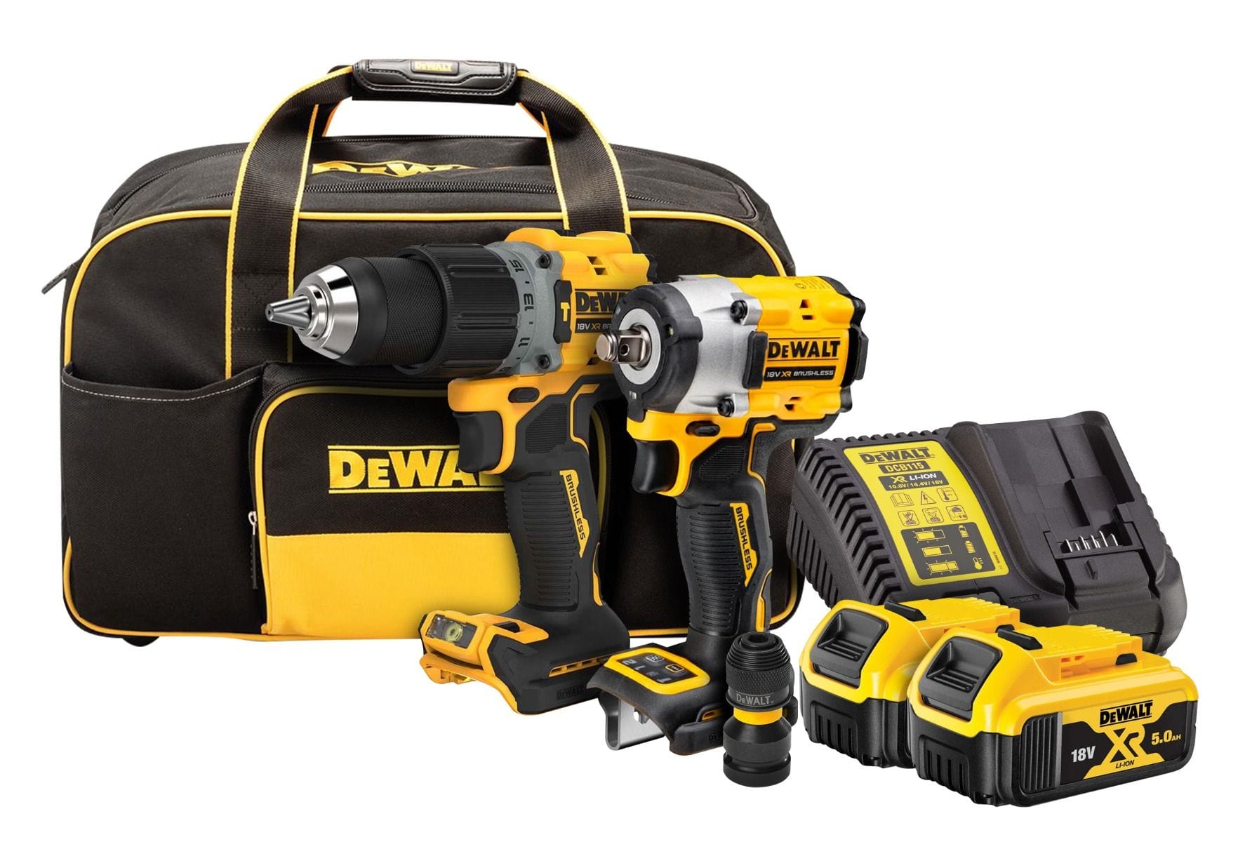 18V 5.0Ah 2Pce Brushless Hammer Drill + Impact Wrench Kit DCZ294P2-XE by Dewalt