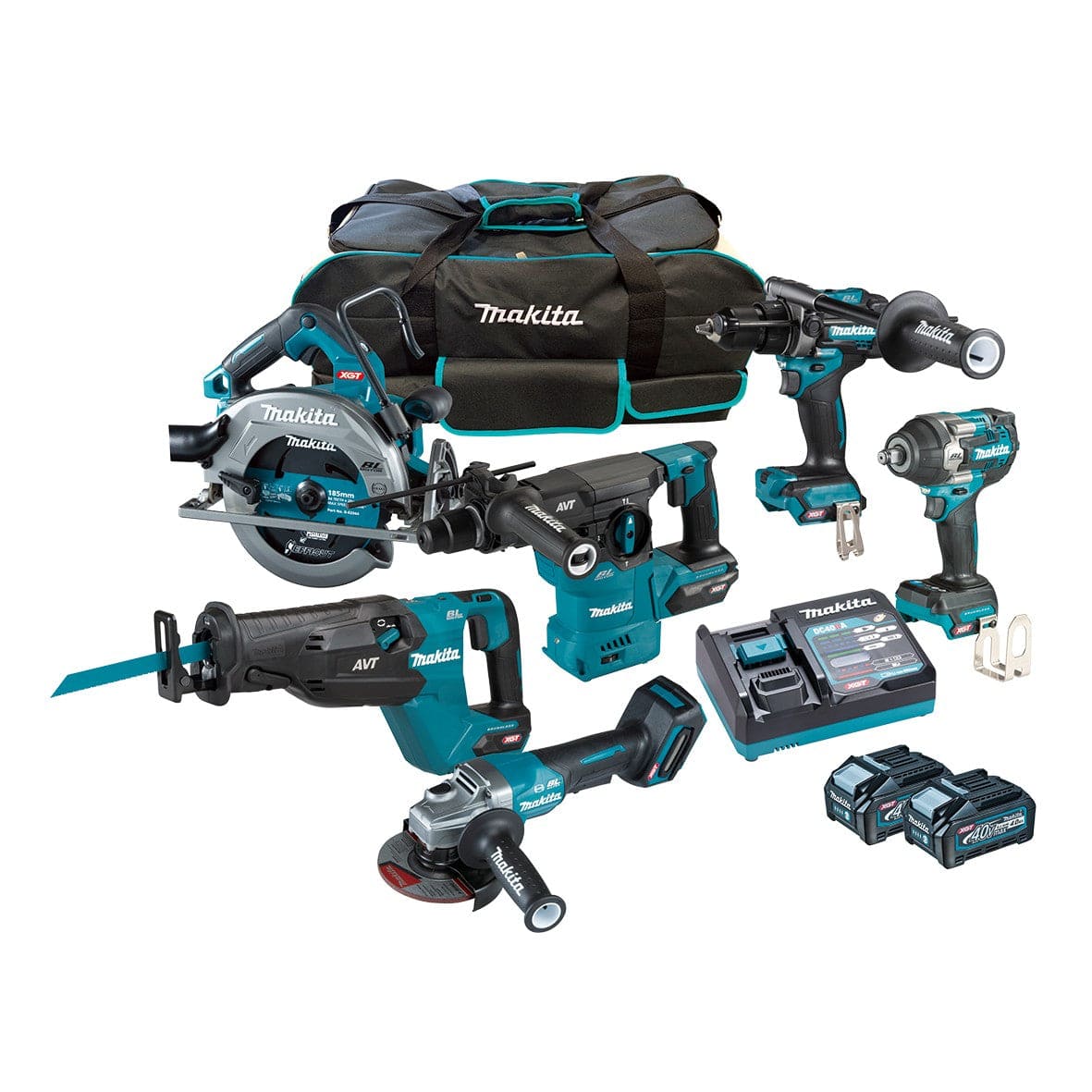 6Pce 40V 4.0Ah Brushless Hammer Drill + Impact Wrench + Angle Grinder + Rotary Hammer + Circular Saw + Recipro Saw Kit DK0191G601 by Makita