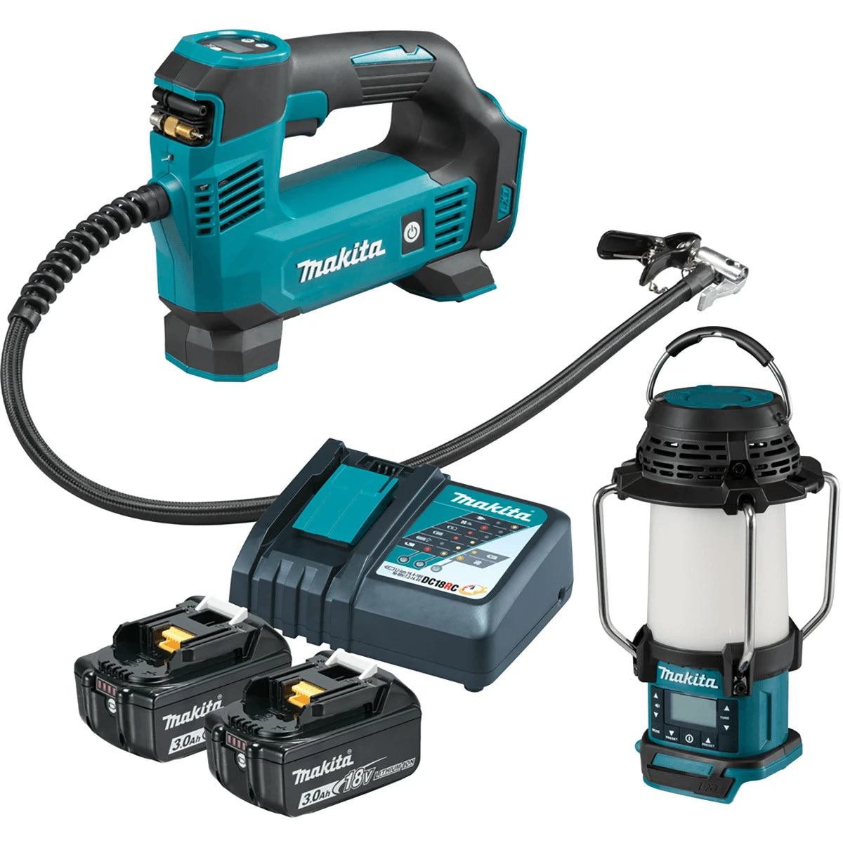 Makita 2Pce 18V 3.0Ah Cordless Inflator and Radio Lantern Combo Kit DLX2597