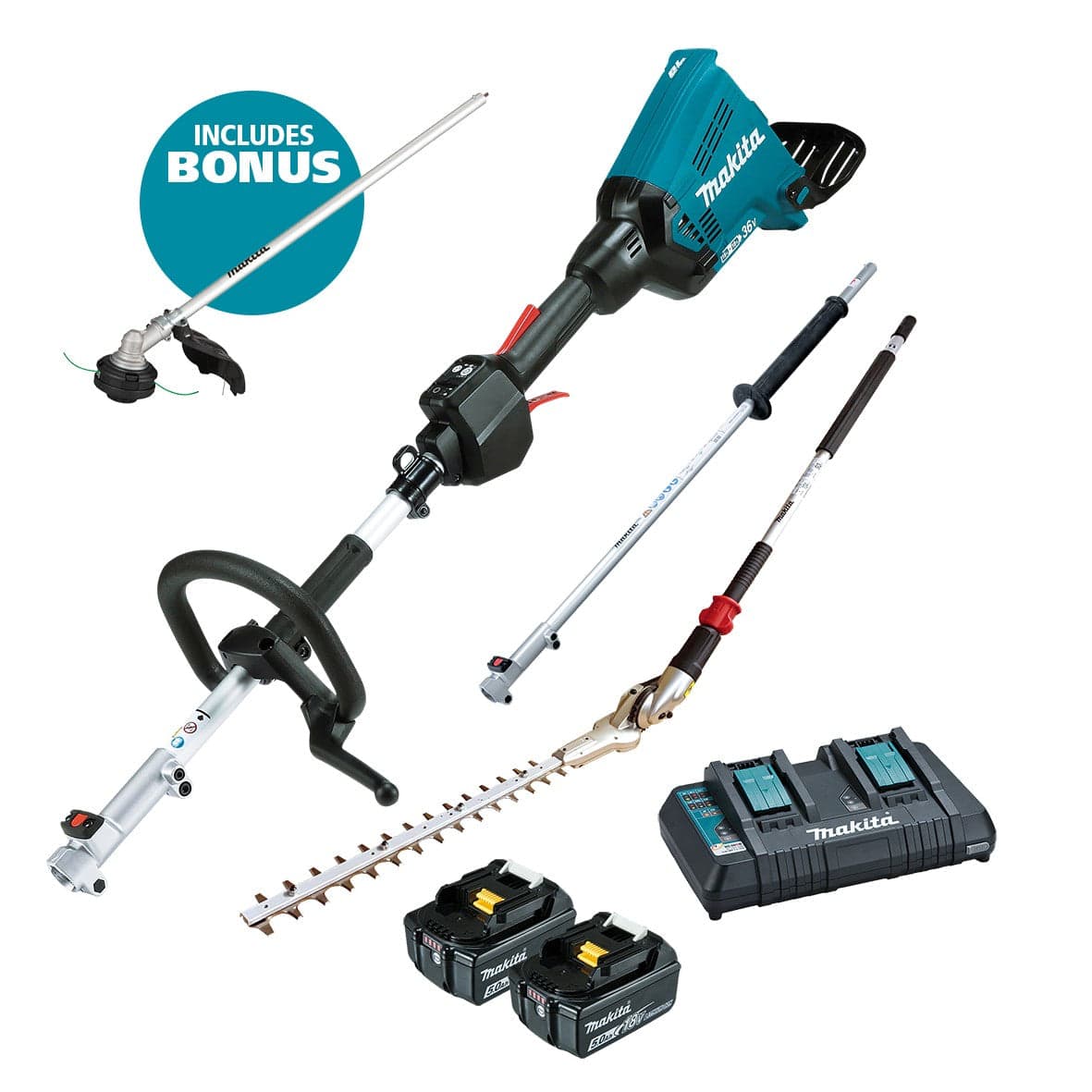 18Vx2 5.0Ah Brushless Multi-Function Powerhead Hedge Trimmer Kit DUX60PHPT2-B by Makita
