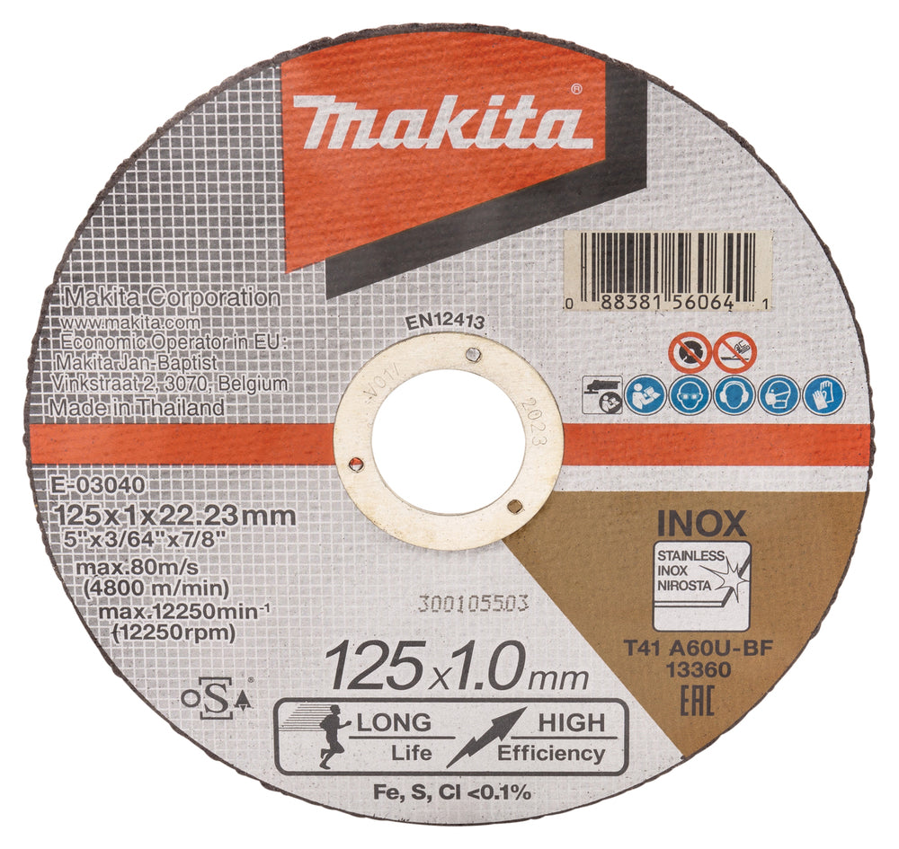 Makita 125 x 1.0 x 22.23mm Elite Inox Cutting Wheel 12 Pack E-03040-12