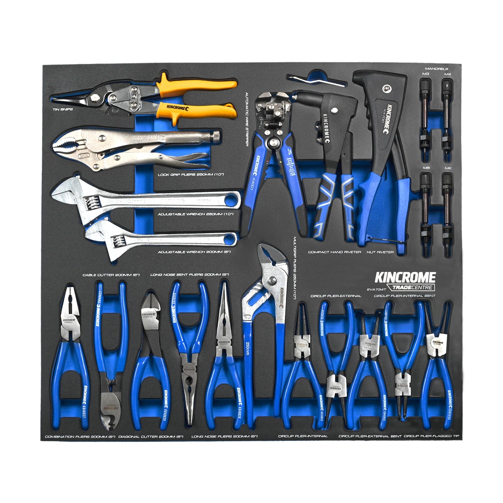 Kincrome TRADE CENTRE 18Pce Pliers, Wrenches & Riveters EVA Tool Tray (With Tools) EVA734T
