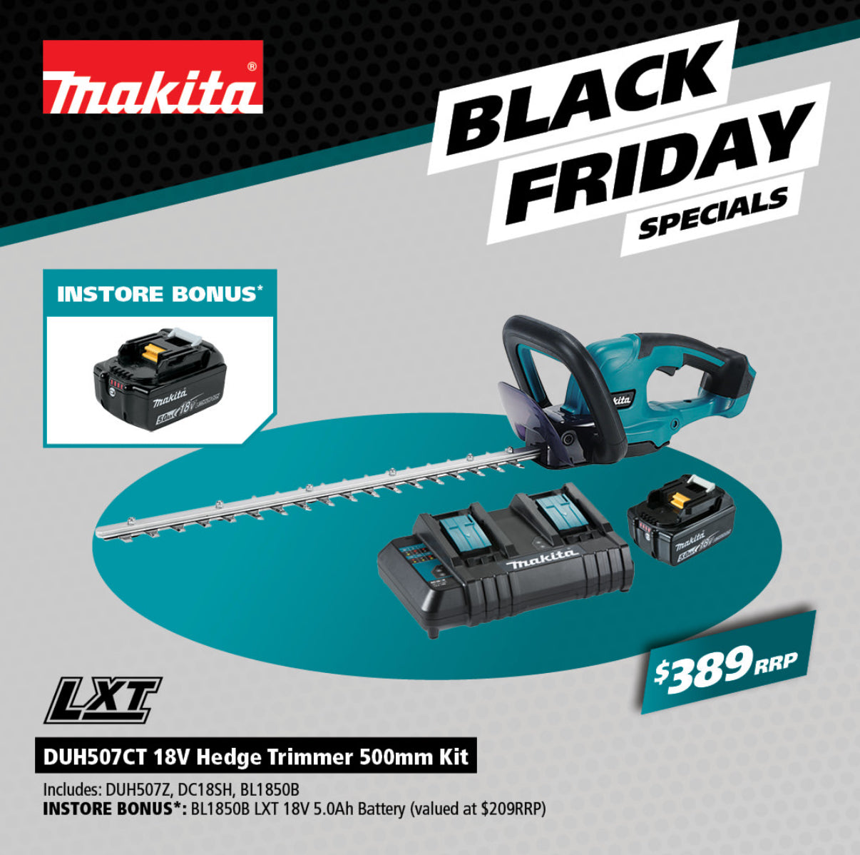 Makita 18V 5Ah 500mm Hedge Trimmer Kit DUH507CT *Limited Edition - Bonus 5Ah Battery*