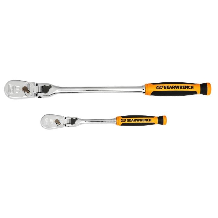 GEARWRENCH 2Pce 1/4” and 3/8” Drive 90-Tooth Dual Material Locking Flex Head Teardrop Ratchet Set 81275T
