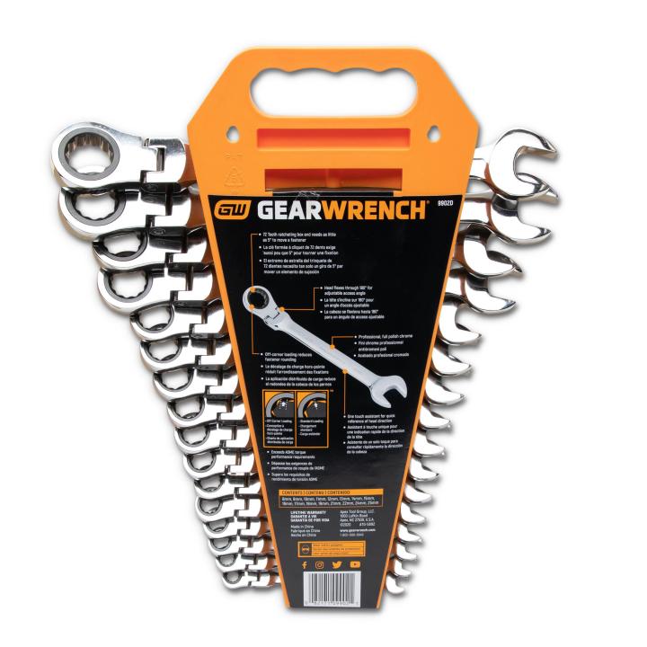 16Pce 72-Tooth 12 Point Flex Head Ratcheting Combination Metric Wrench Set 9902D by Gearwrench
