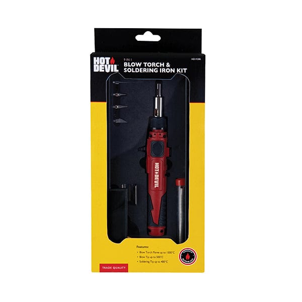 Hot Devil Cordless Gas Blow Torch & Soldering Iron 9 in 1 Kit HD1938K