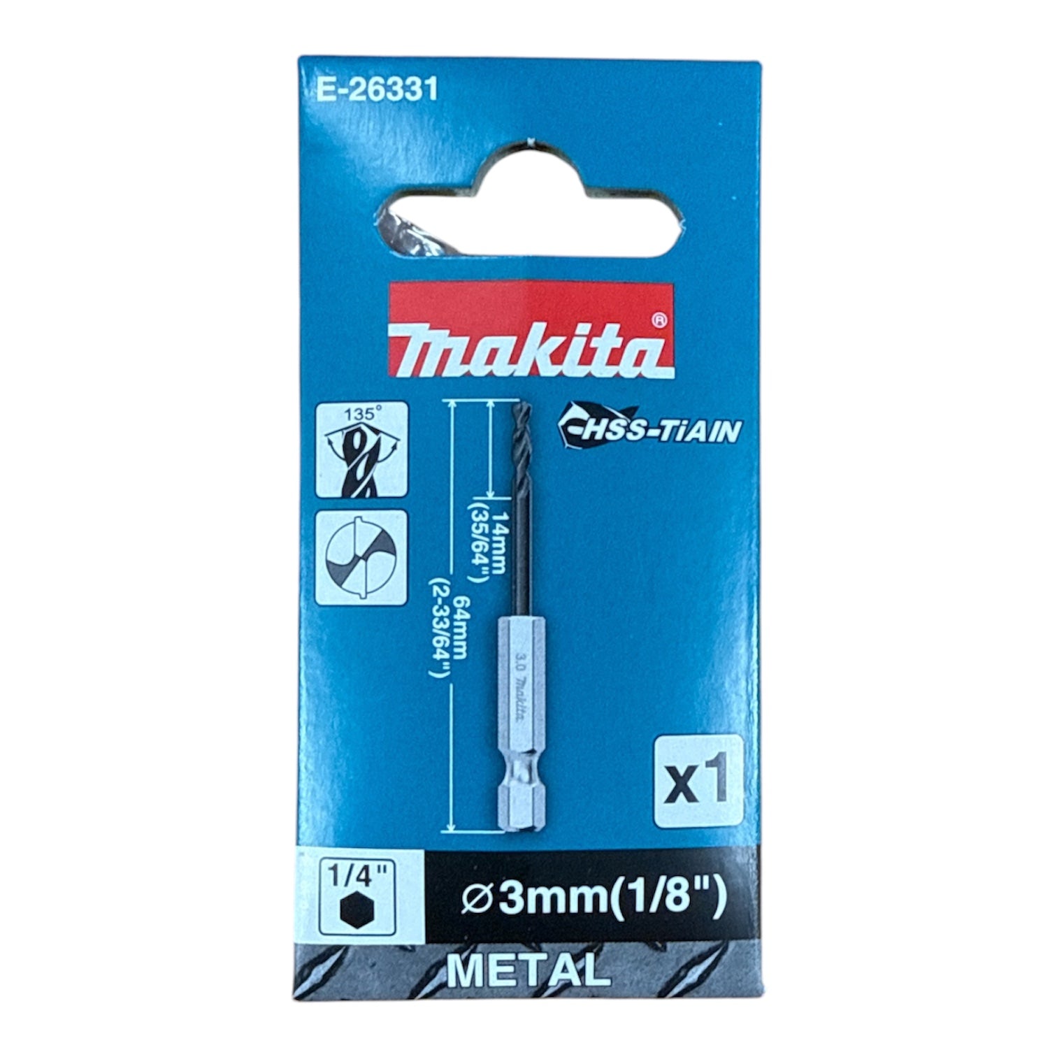 Makita 3mm (1/8") x 1/4" Hex HSS Metal Drill Bit E-26331