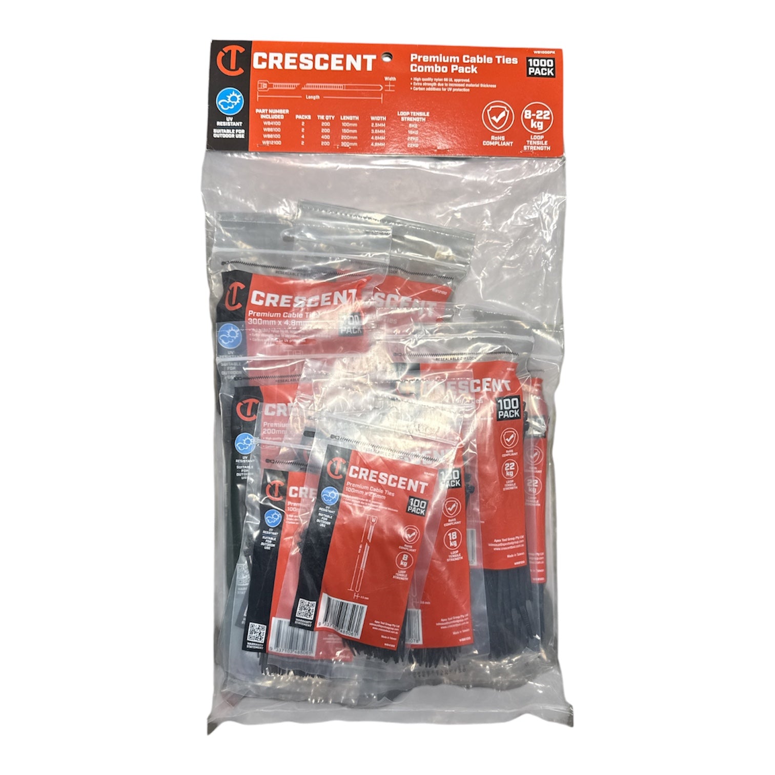 Crescent Premium Cable Ties Combo Pack – 1000 Piece UV Resistant Assorted Pack WB1000PK