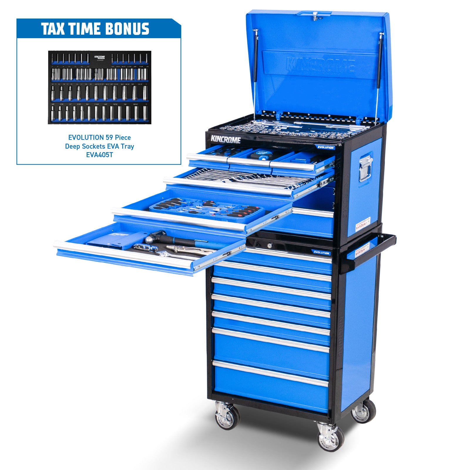 Kincrome EVOLUTION 205Pce 14 Drawer (26") Workshop Tool Kit With BONUS 59Pce Deep Socket EVA Tray K1230B
