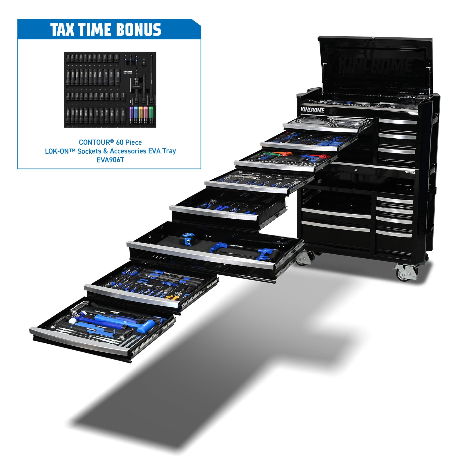 Kincrome CONTOUR® 545Pce 17 Drawer (42") Workshop Tool Kit | Blue K1958BO | Black K1958BBO
