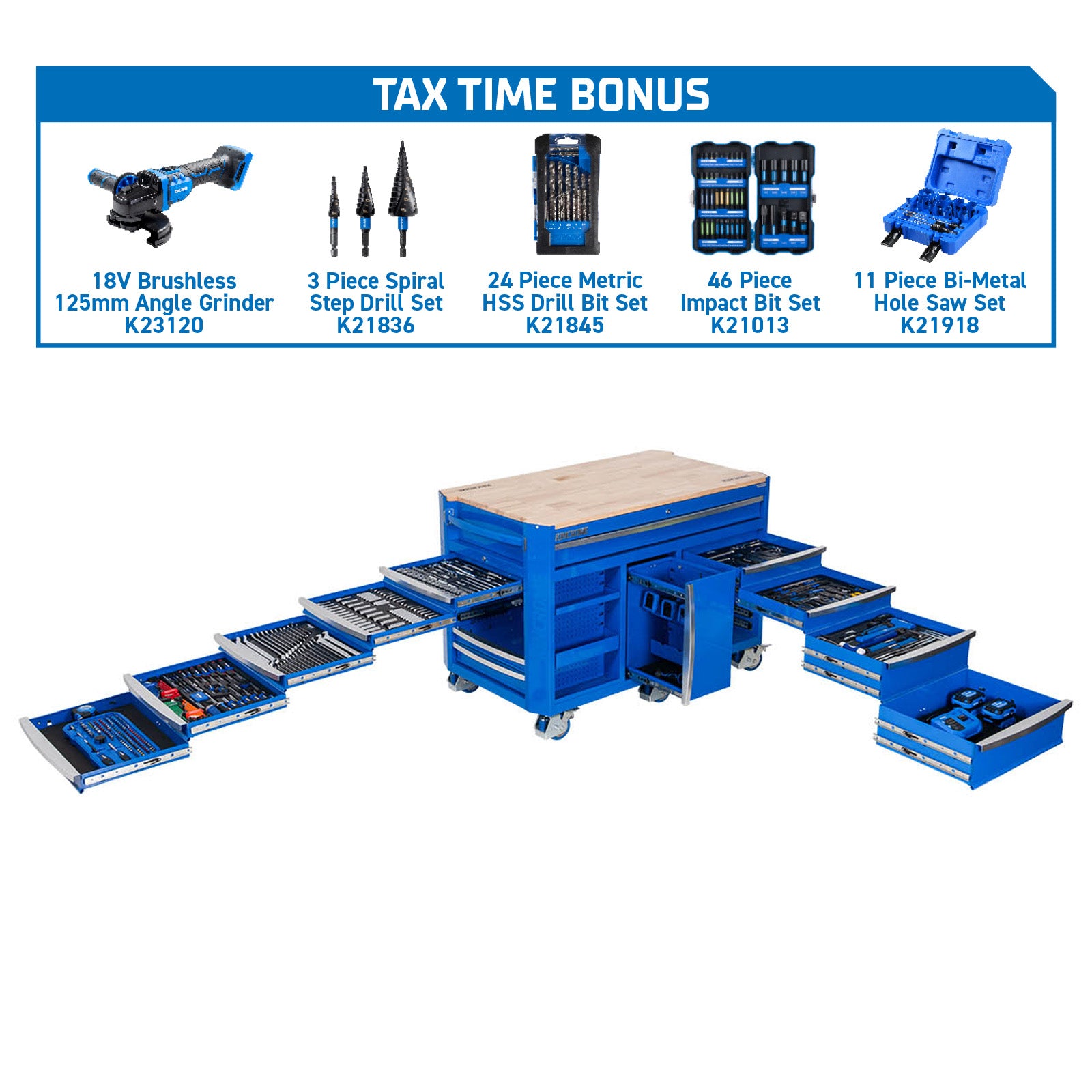 Kincrome CONTOUR® 494Pce 13 Drawer (60") Workstation Tool Kit | Blue K1971BO | Black K1971BBO