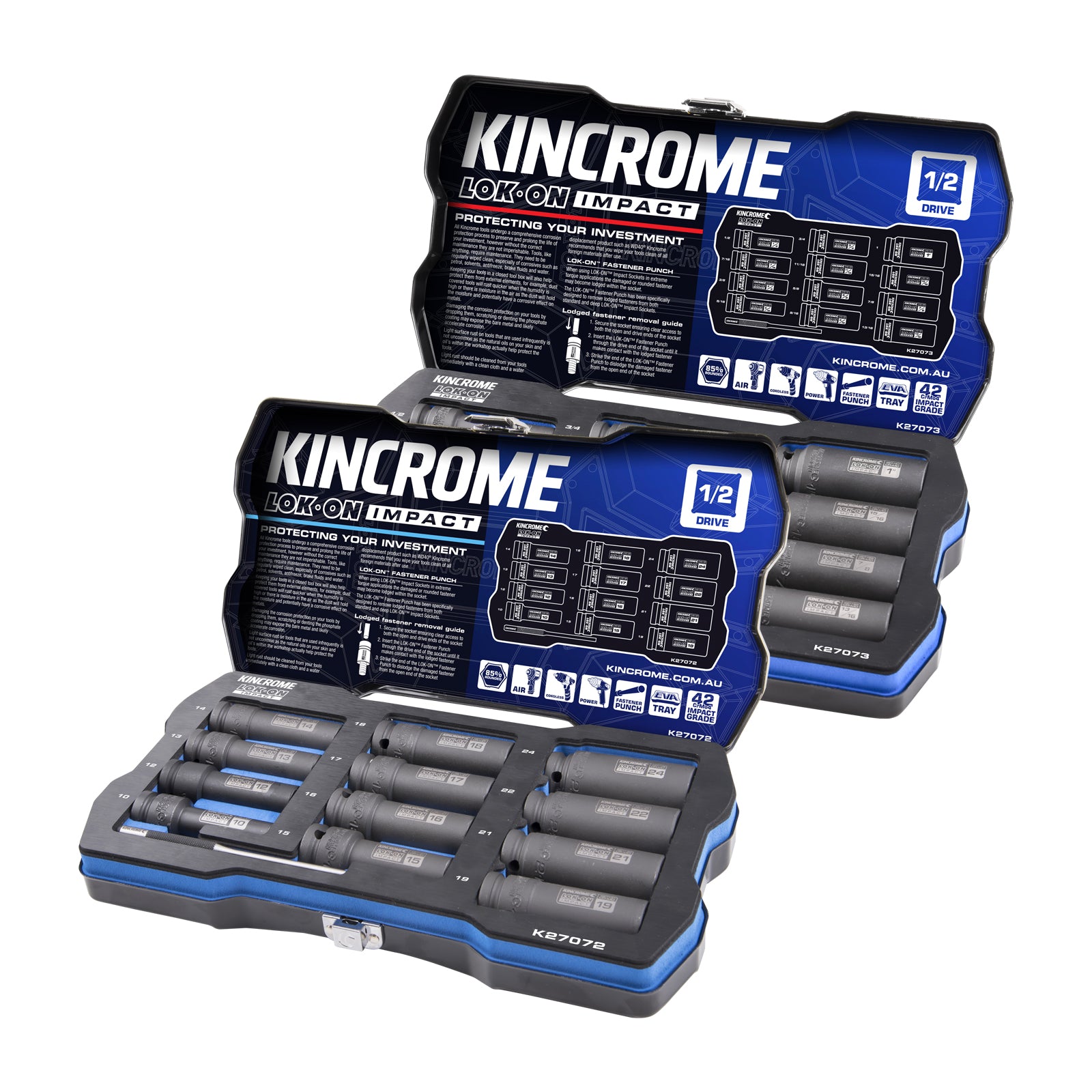 Kincrome LOK-ON™ Impact Socket Set 1/2" Drive 12Pce 10-24mm Metric & 12Pce Imperial K27072 & K27073 BUNDLE K27072B