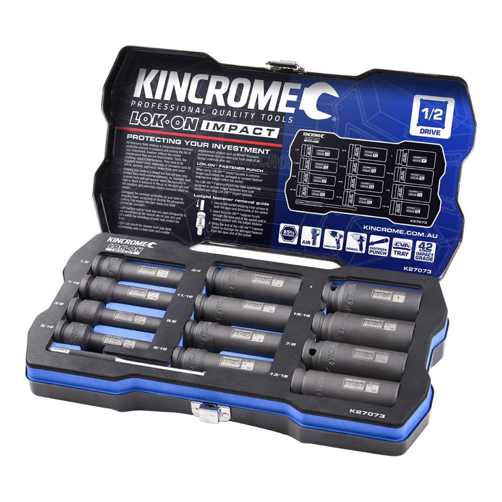 LOK-ON Deep Impact Socket Set 12 Piece 1/2" Drive - K27073 by Kincrome